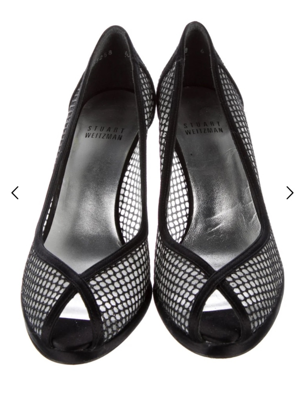 Stuart Weitzman Black and Silver Mesh Peep-Toe Pumps